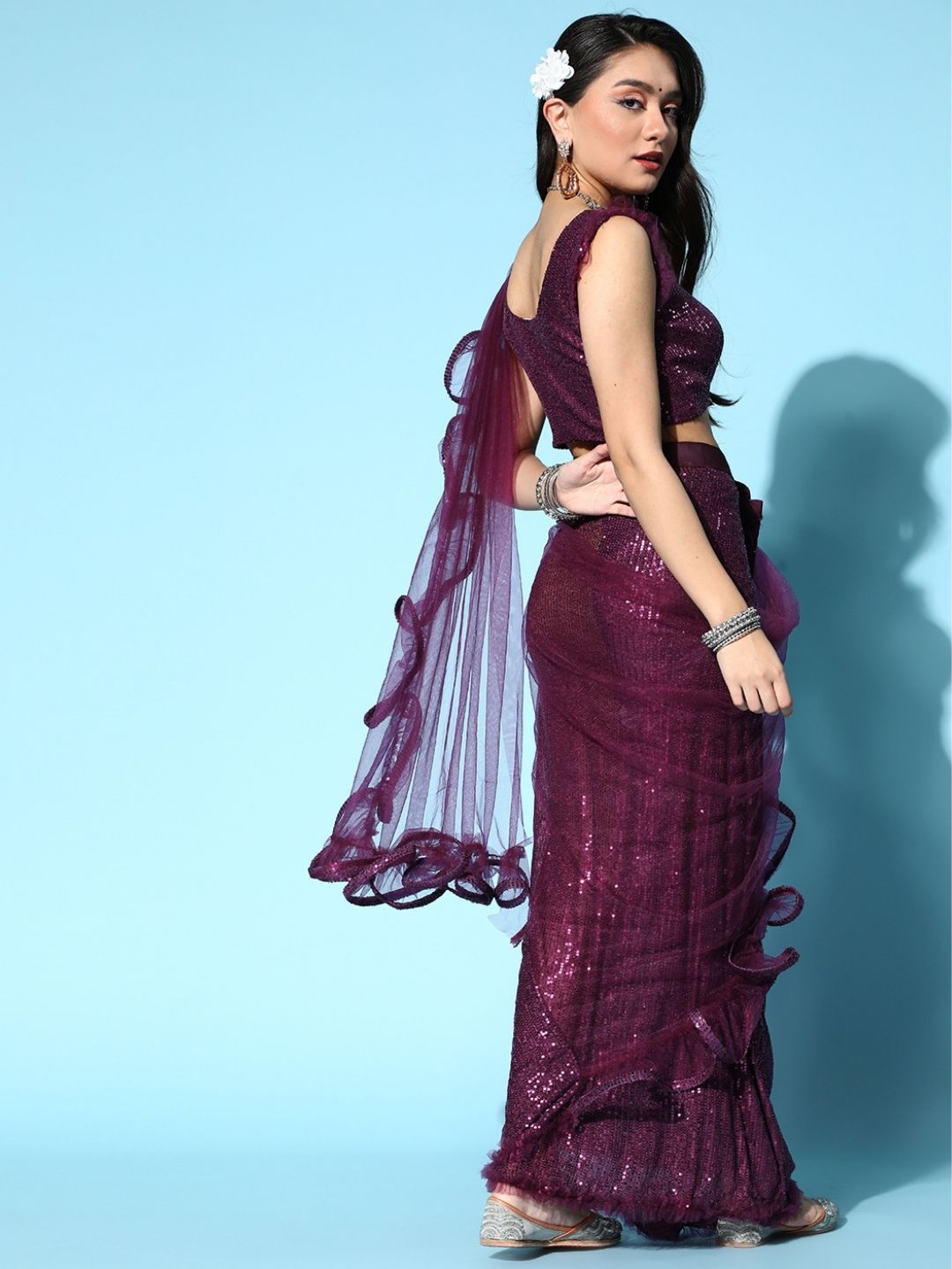 Ruffled Pre-Stitched Draped Tulle Saree with Sequin Embellished blouse
