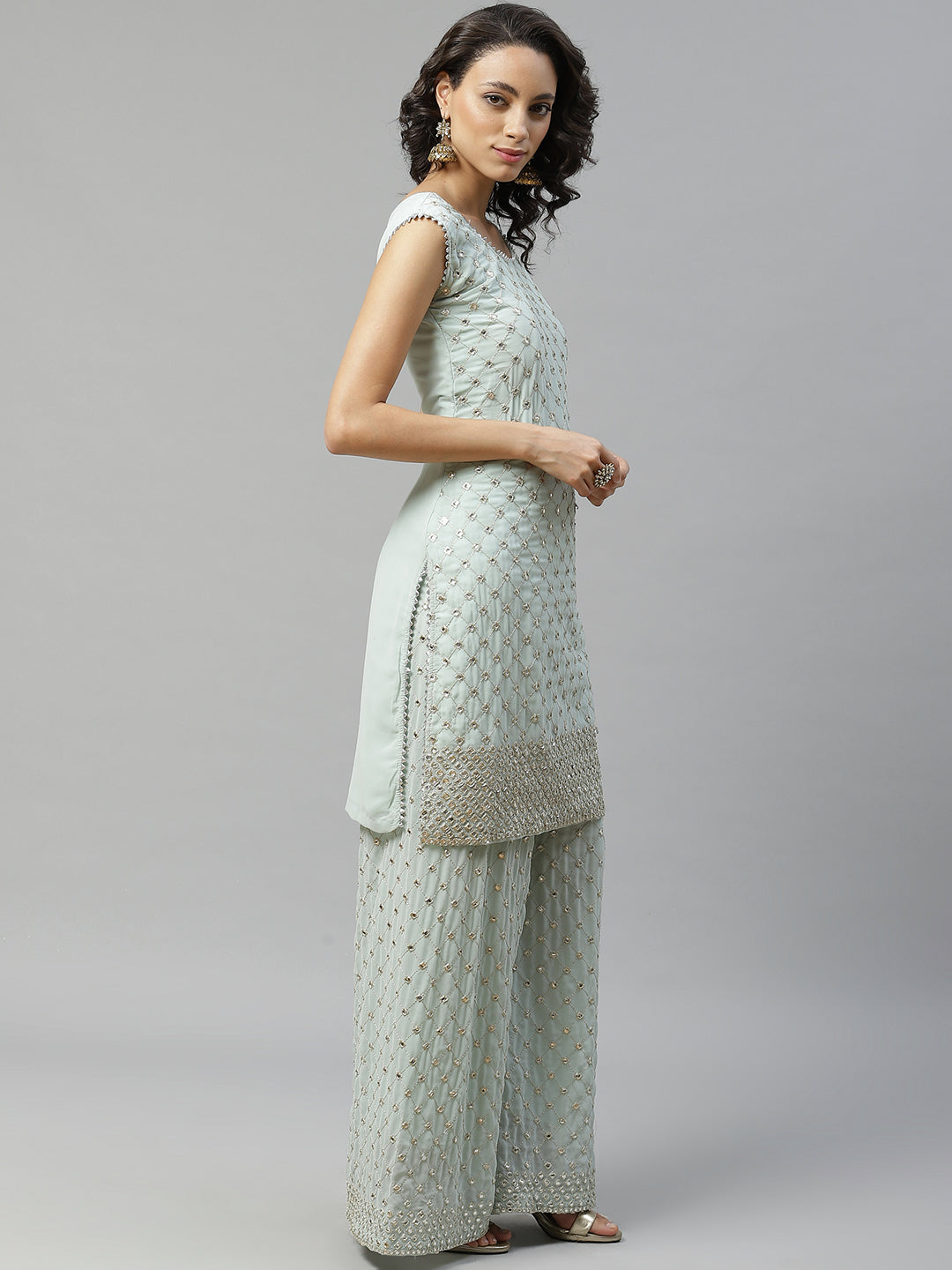Pastel Mint Green Gota Patti Embroidered Kurta Pallazo Set with Net Scalloped Dupatta