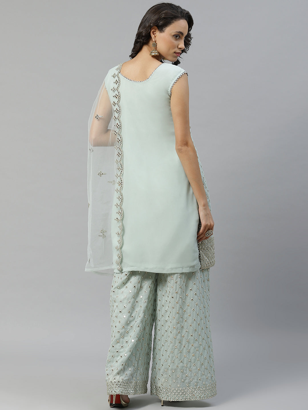 Pastel Mint Green Gota Patti Embroidered Kurta Pallazo Set with Net Scalloped Dupatta