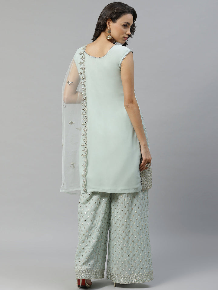 Pastel Mint Green Gota Patti Embroidered Kurta Pallazo Set with Net Scalloped Dupatta