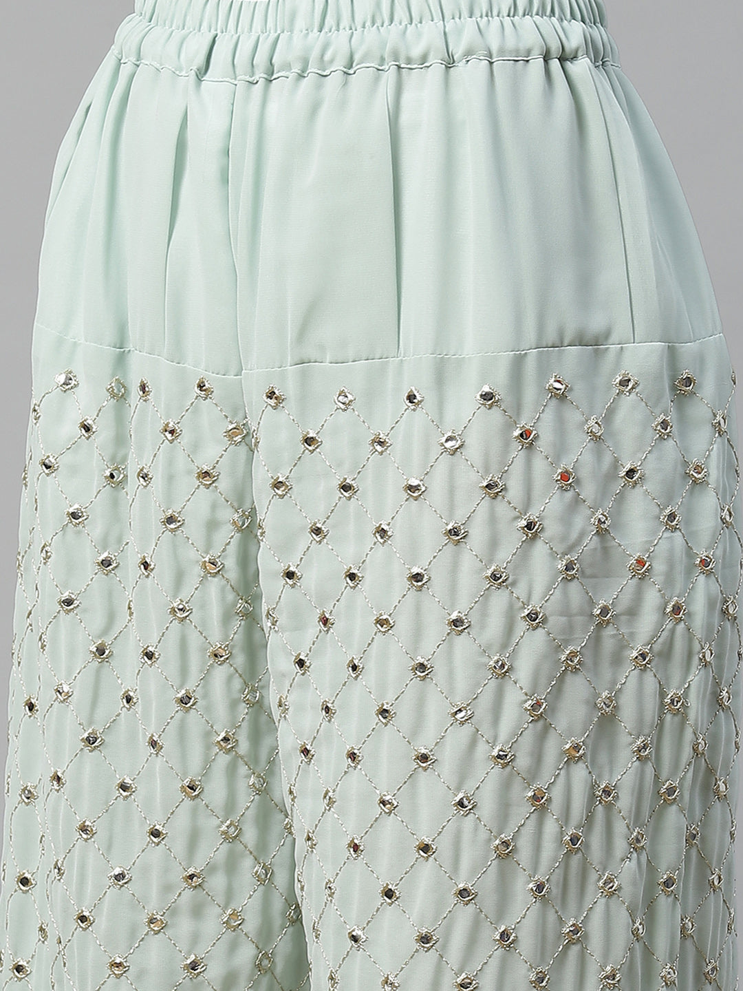 Pastel Mint Green Gota Patti Embroidered Kurta Pallazo Set with Net Scalloped Dupatta