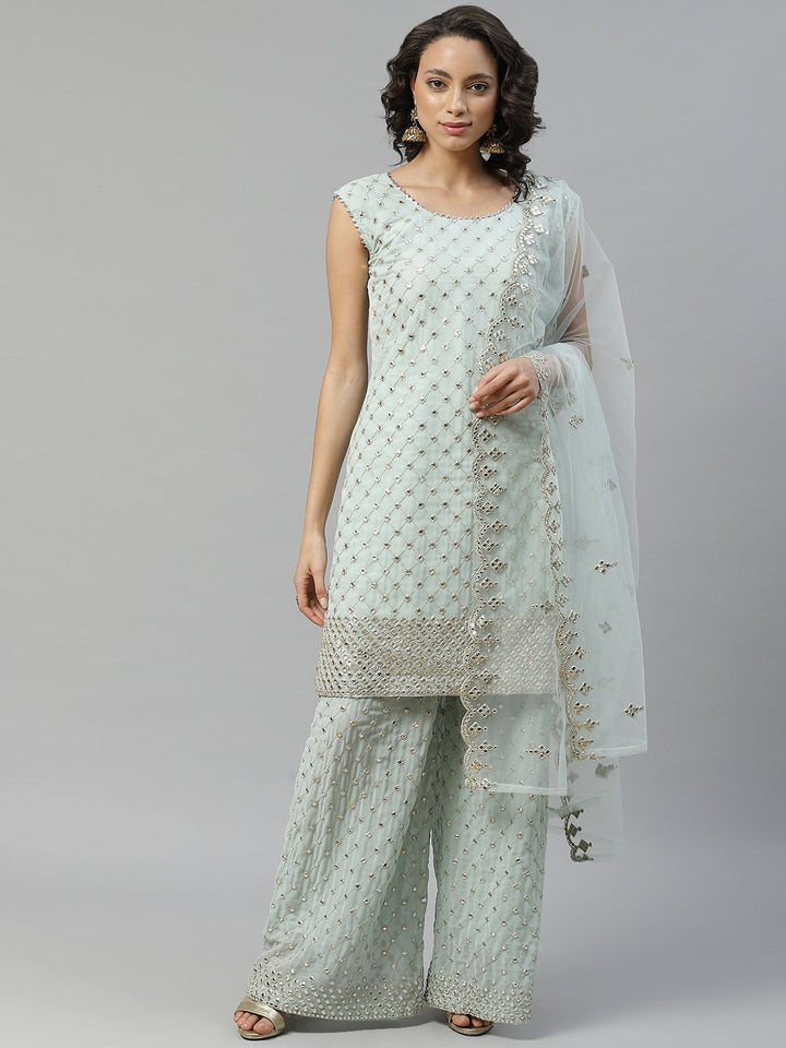 Pastel Mint Green Gota Patti Embroidered Kurta Pallazo Set with Net Scalloped Dupatta