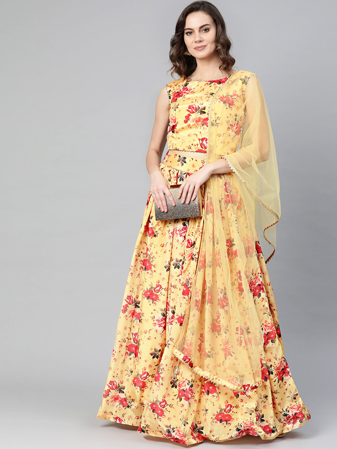 Digital Print Crop Top Lehenga Set with Gota Borders