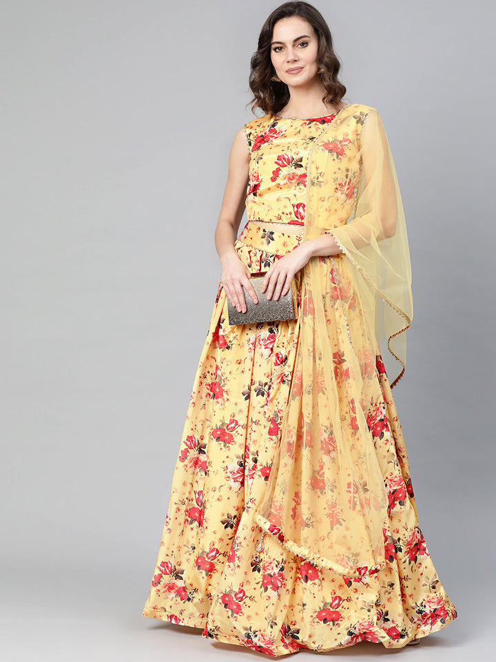 Digital Print Crop Top Lehenga Set with Gota Borders