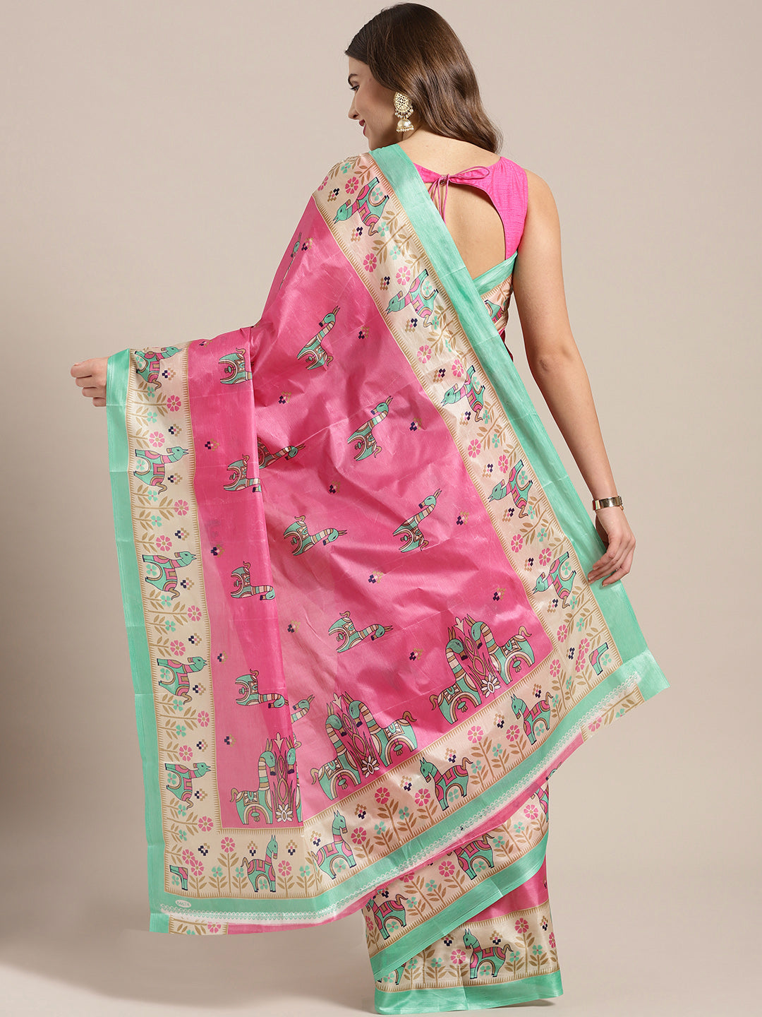 Pink Turquoise Printed Bhagalpuri Saree with Bright animal and geometric motifs