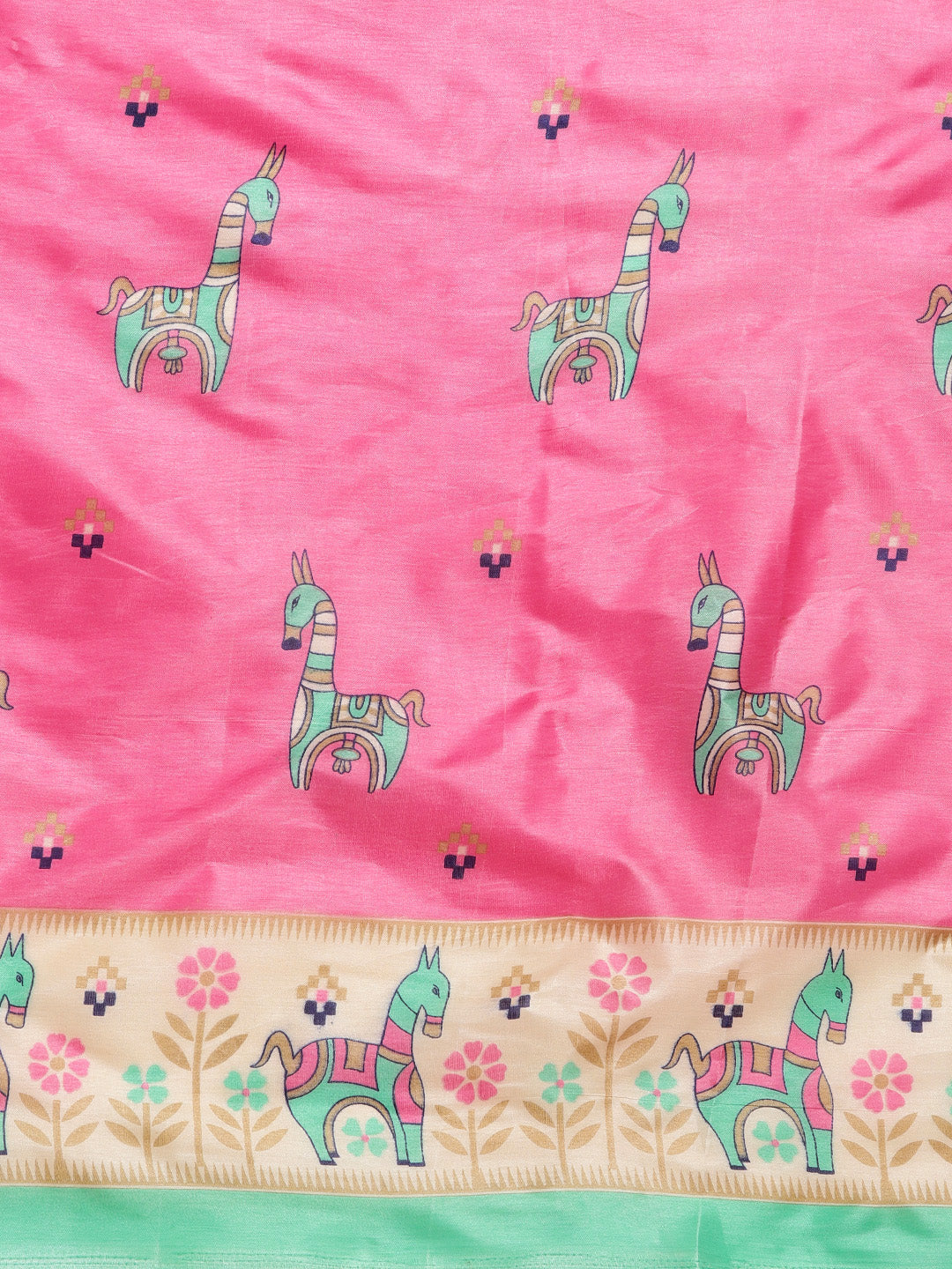 Pink Turquoise Printed Bhagalpuri Saree with Bright animal and geometric motifs