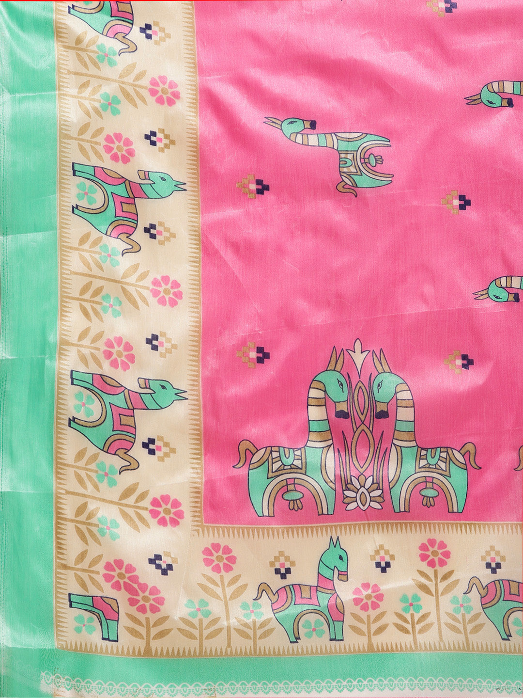Pink Turquoise Printed Bhagalpuri Saree with Bright animal and geometric motifs