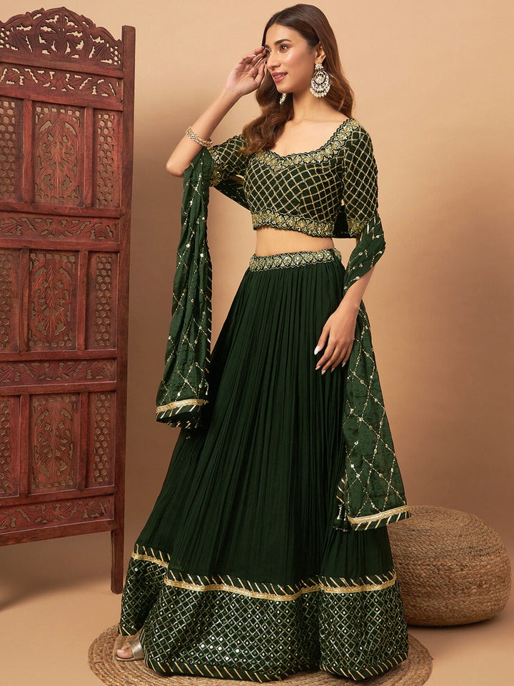Mirror Embellished Flared Georgette Lehenga Set & Sequin Embroidered Chinon Dupatta