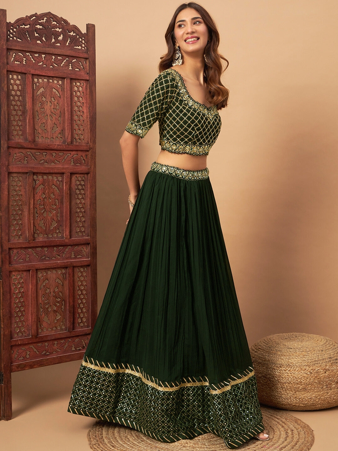 Mirror Embellished Flared Georgette Lehenga Set & Sequin Embroidered Chinon Dupatta