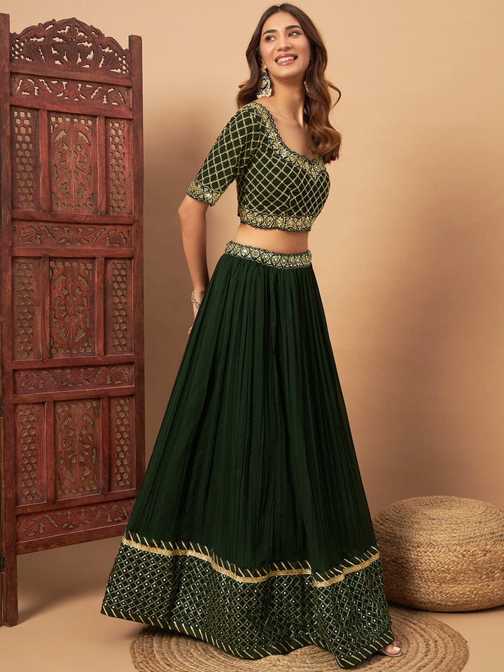 Mirror Embellished Flared Georgette Lehenga Set & Sequin Embroidered Chinon Dupatta