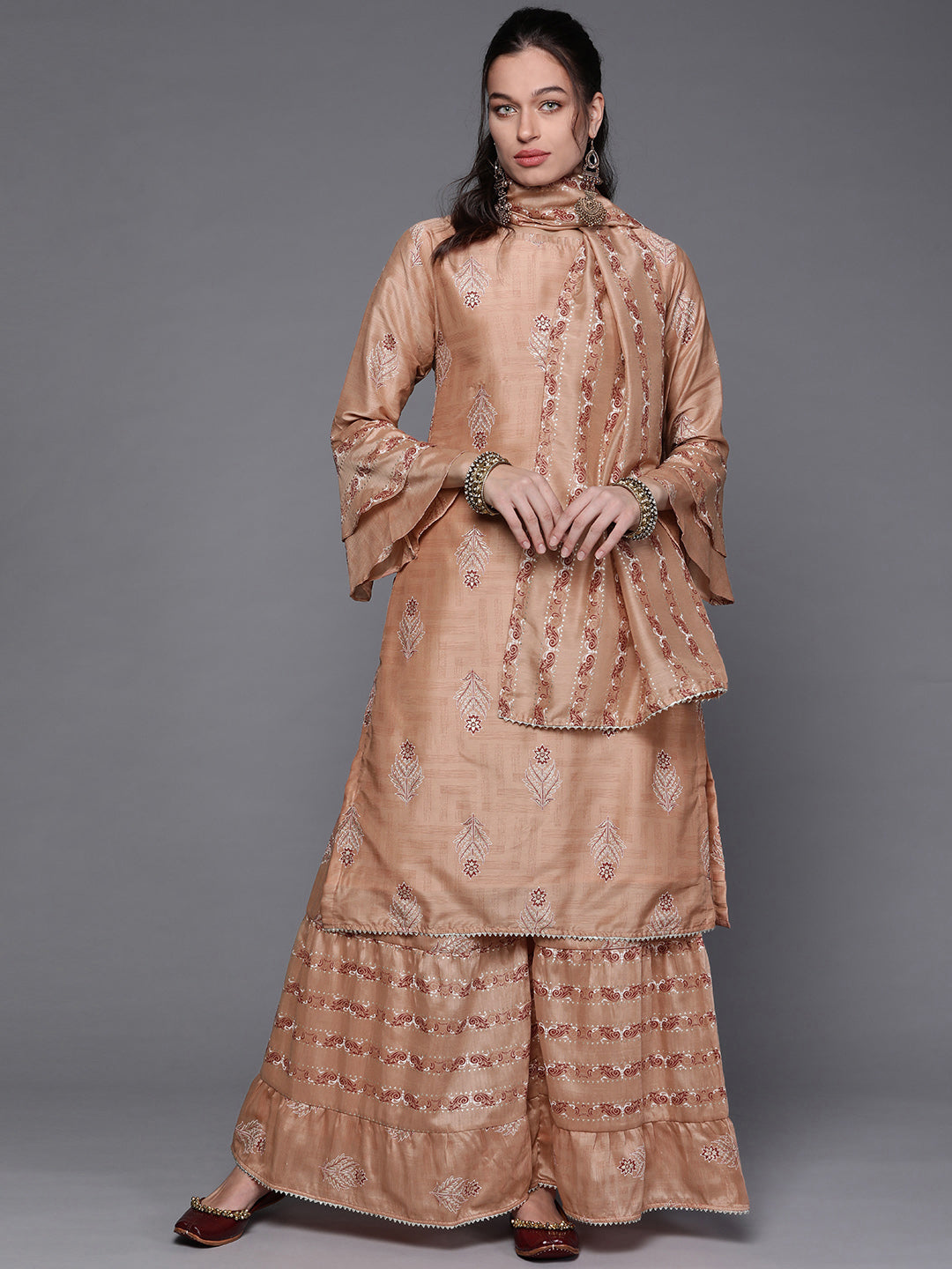Pastel Indie Print Gota Embellishment Kurta Sharara Set