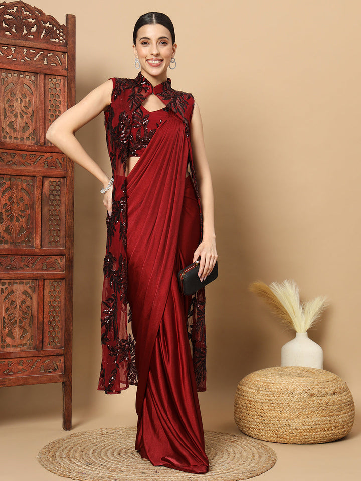 Maroon Bling Pre-stitched Saree with Sequin Embellished Long Jacket