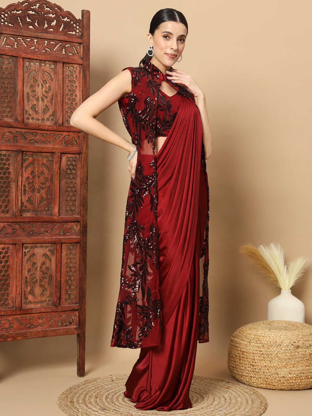 Maroon Bling Pre-stitched Saree with Sequin Embellished Long Jacket