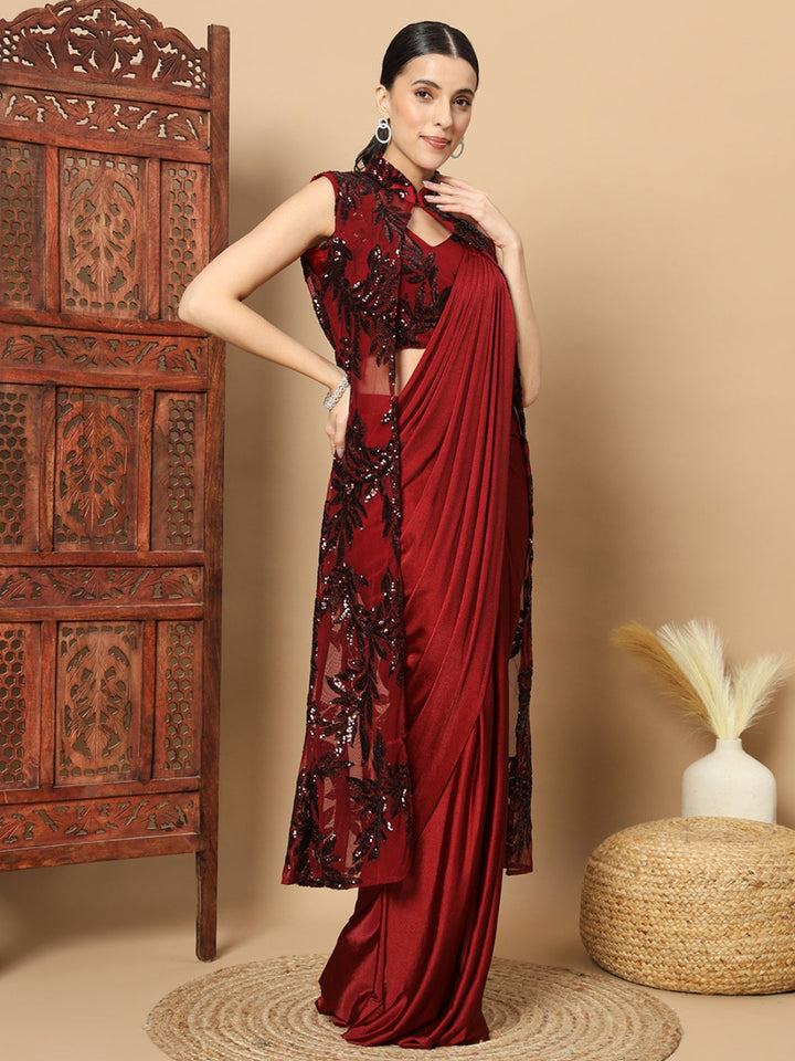 Maroon Bling Pre-stitched Saree with Sequin Embellished Long Jacket