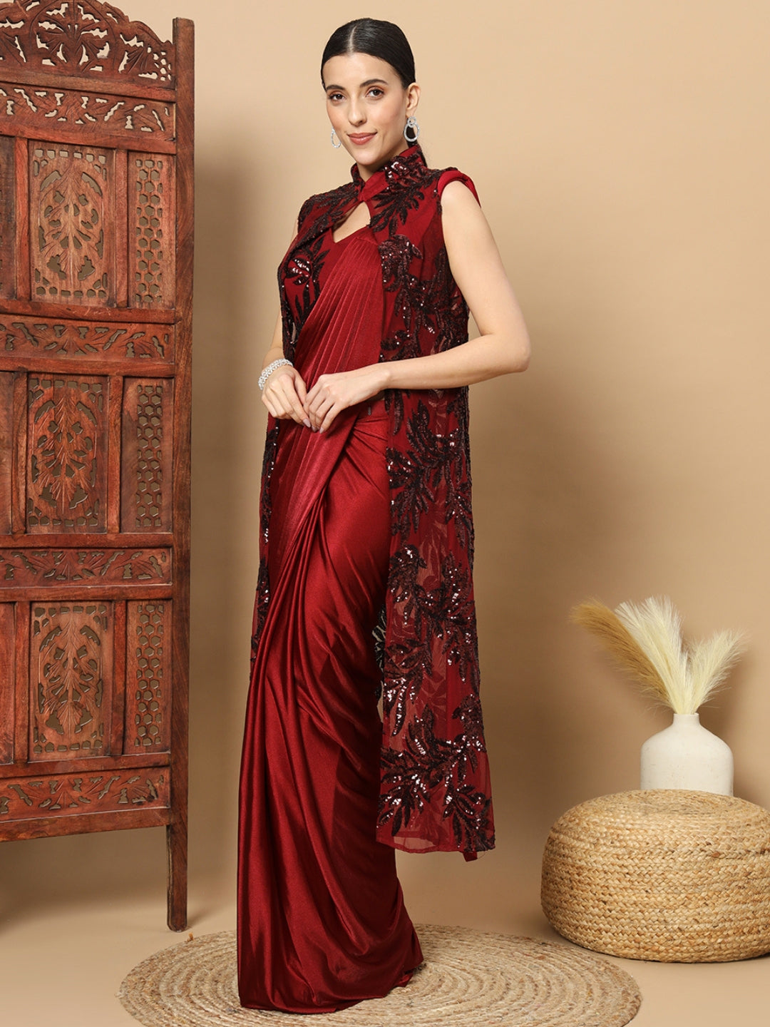 Maroon Bling Pre-stitched Saree with Sequin Embellished Long Jacket