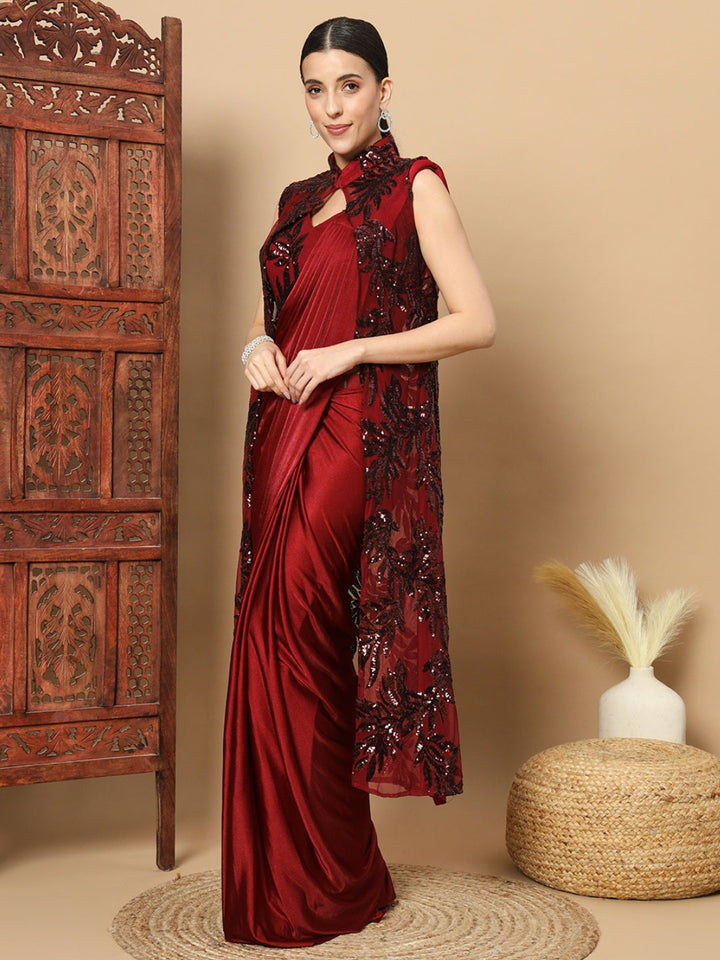 Maroon Bling Pre-stitched Saree with Sequin Embellished Long Jacket