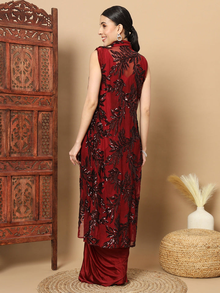 Maroon Bling Pre-stitched Saree with Sequin Embellished Long Jacket