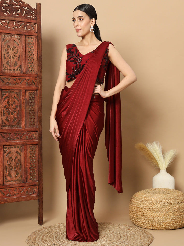 Maroon Bling Pre-stitched Saree with Sequin Embellished Long Jacket