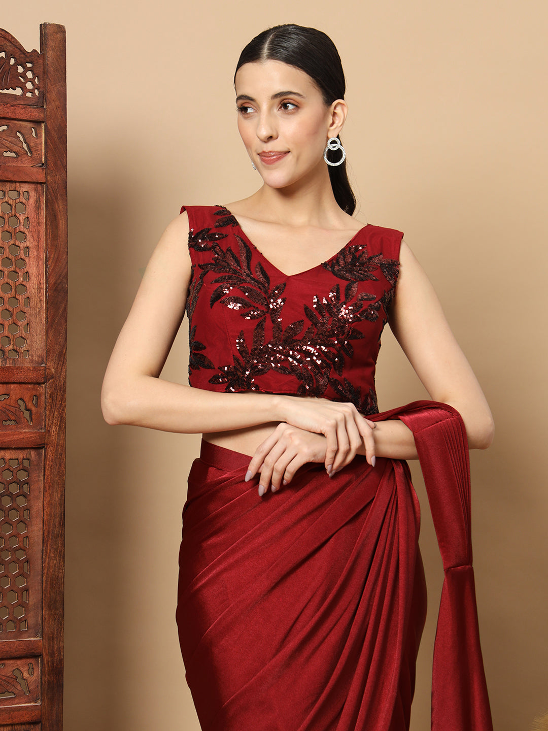 Maroon Bling Pre-stitched Saree with Sequin Embellished Long Jacket