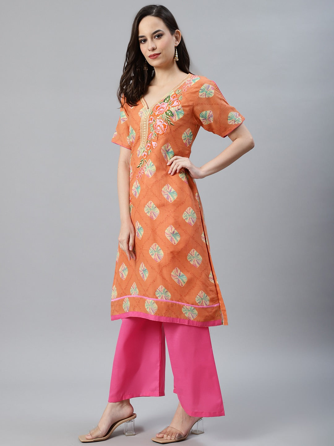 Orange & Pink Cotton Unstitched Resham Embroidered Suit with Batik Print
