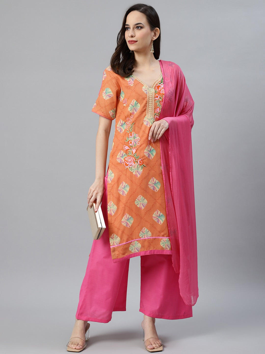 Orange & Pink Cotton Unstitched Resham Embroidered Suit with Batik Print