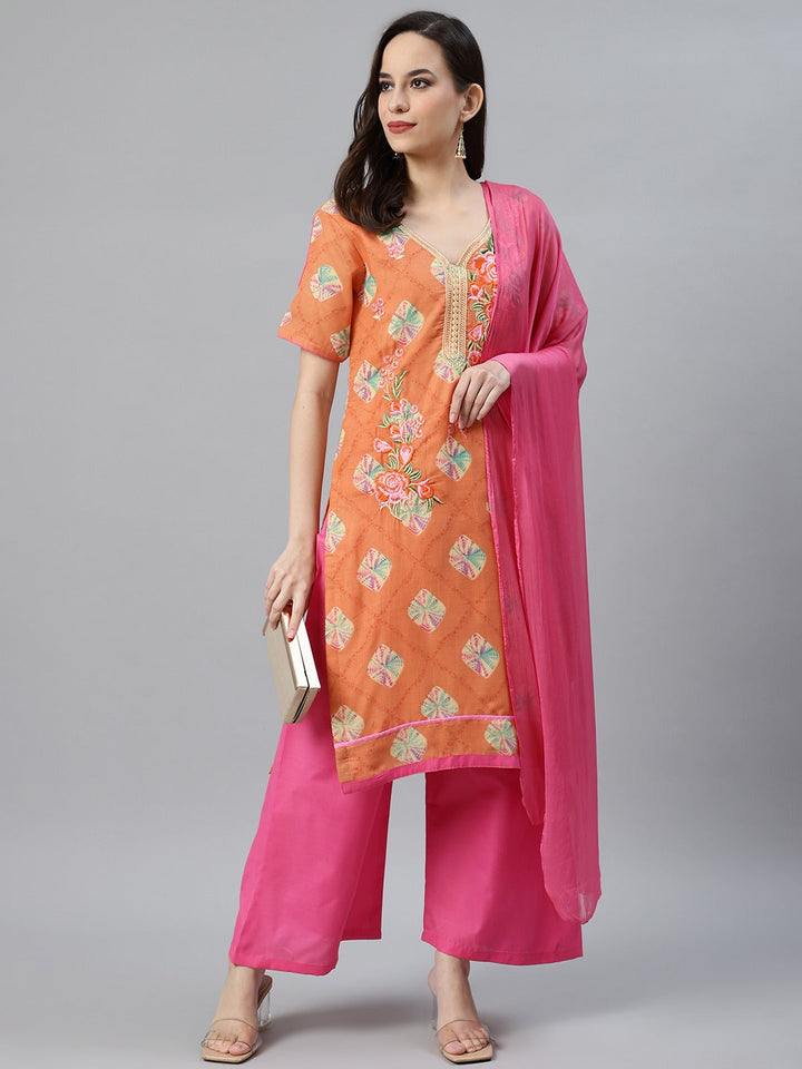 Orange & Pink Cotton Unstitched Resham Embroidered Suit with Batik Print