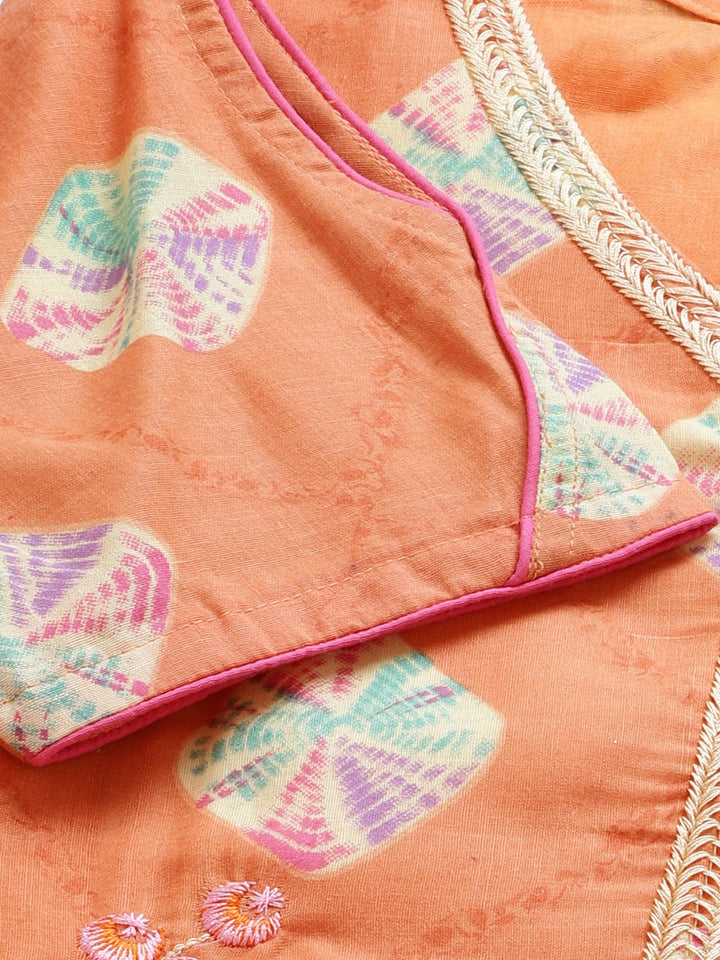 Orange & Pink Cotton Unstitched Resham Embroidered Suit with Batik Print