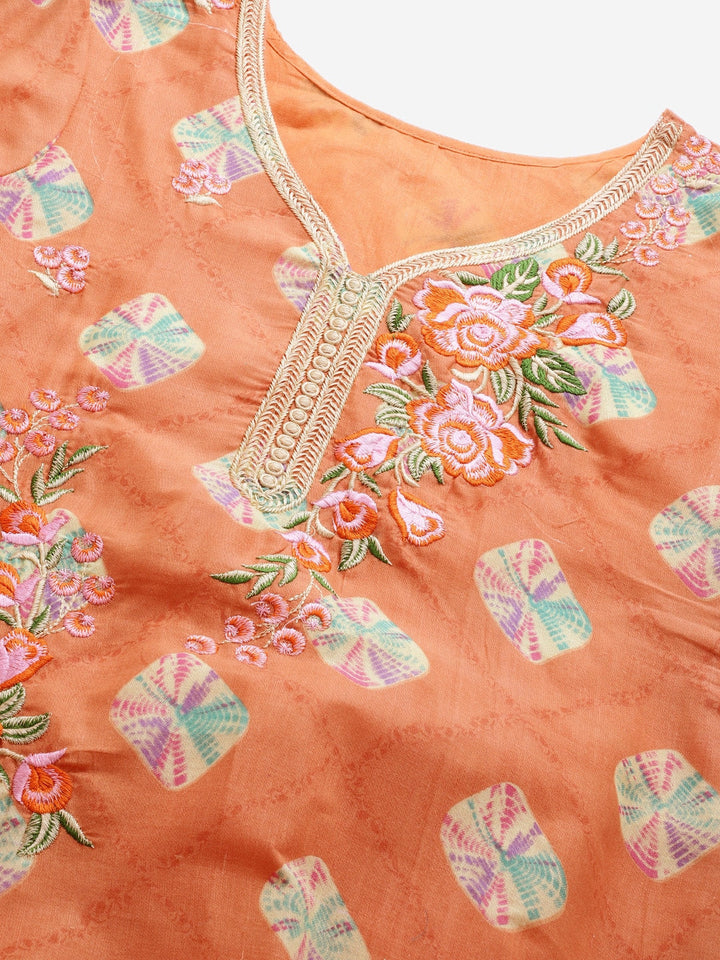 Orange & Pink Cotton Stitched Resham Embroidered Suit with Batik Print & Styled Sleeves