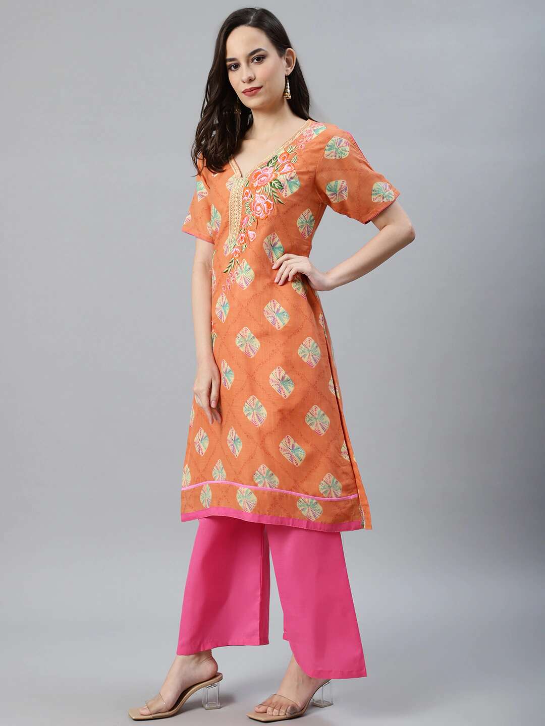 Orange & Pink Cotton Stitched Resham Embroidered Suit with Batik Print & Styled Sleeves