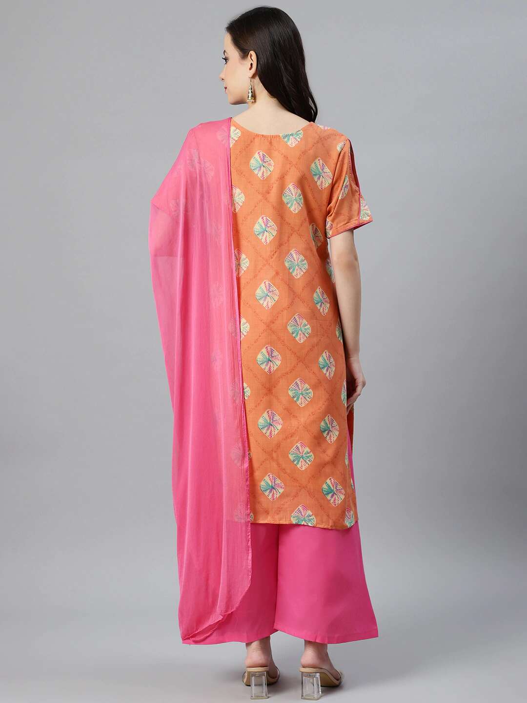 Orange & Pink Cotton Stitched Resham Embroidered Suit with Batik Print & Styled Sleeves