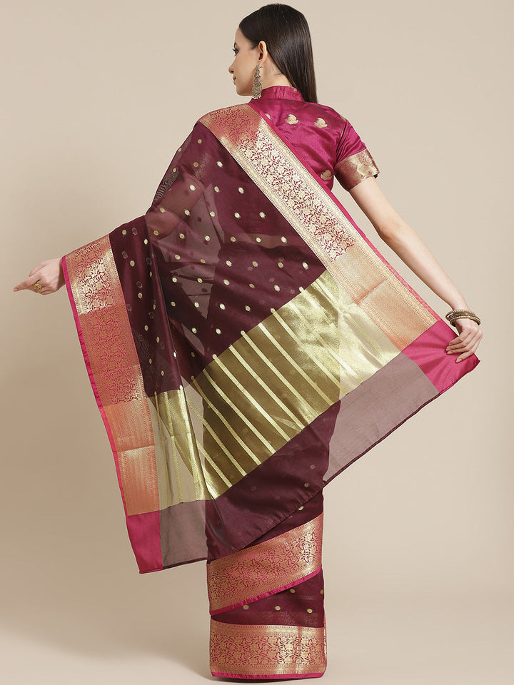 Burgundy Maheshwari Silk Banarasi Saree with Gold Zari woven Border