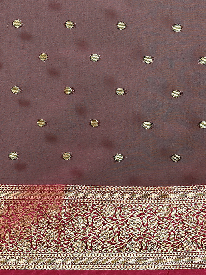 Burgundy Maheshwari Silk Banarasi Saree with Gold Zari woven Border