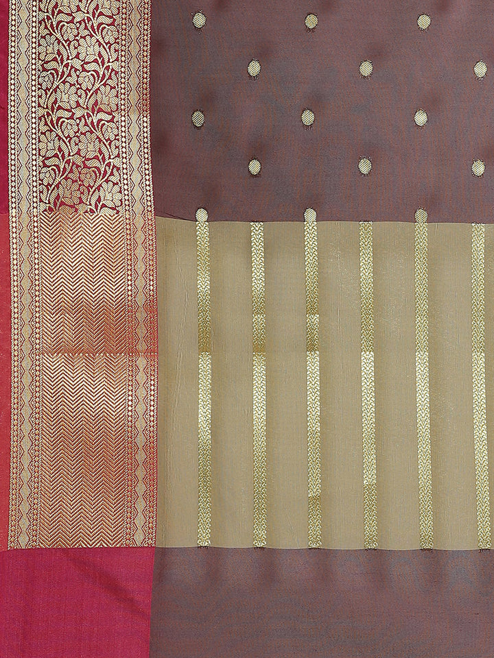 Burgundy Maheshwari Silk Banarasi Saree with Gold Zari woven Border