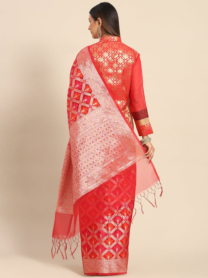 Red Resham & Gold Zari Geometrical Organza Silk Traditional Saree