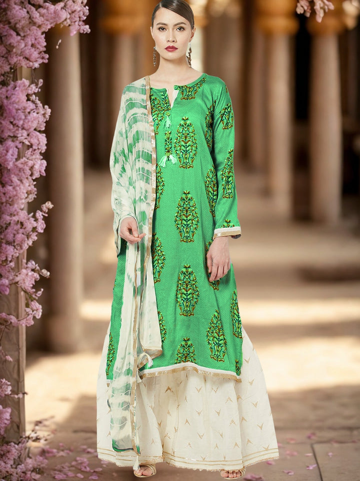 Embellished Semi-stitched Suit with Zari Embroidered Sharara and Leheriya Dupatta