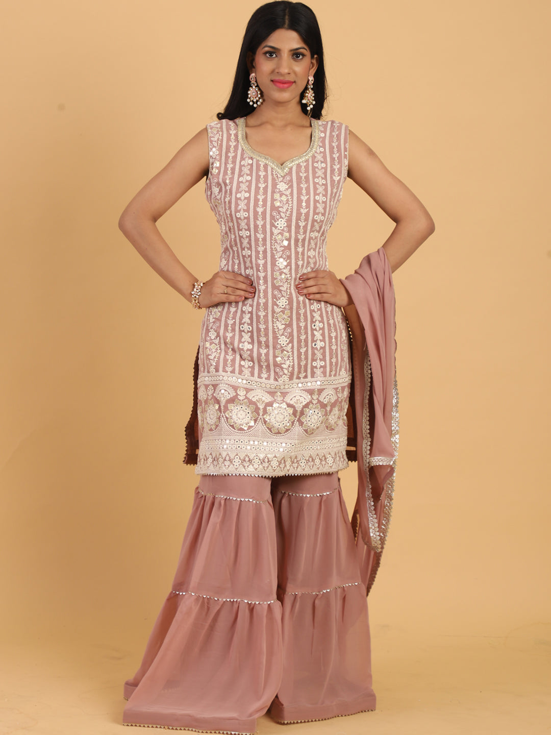 Mauve Resham & Sequins Embellished Georgette Kurta Sharara Dupatta Set