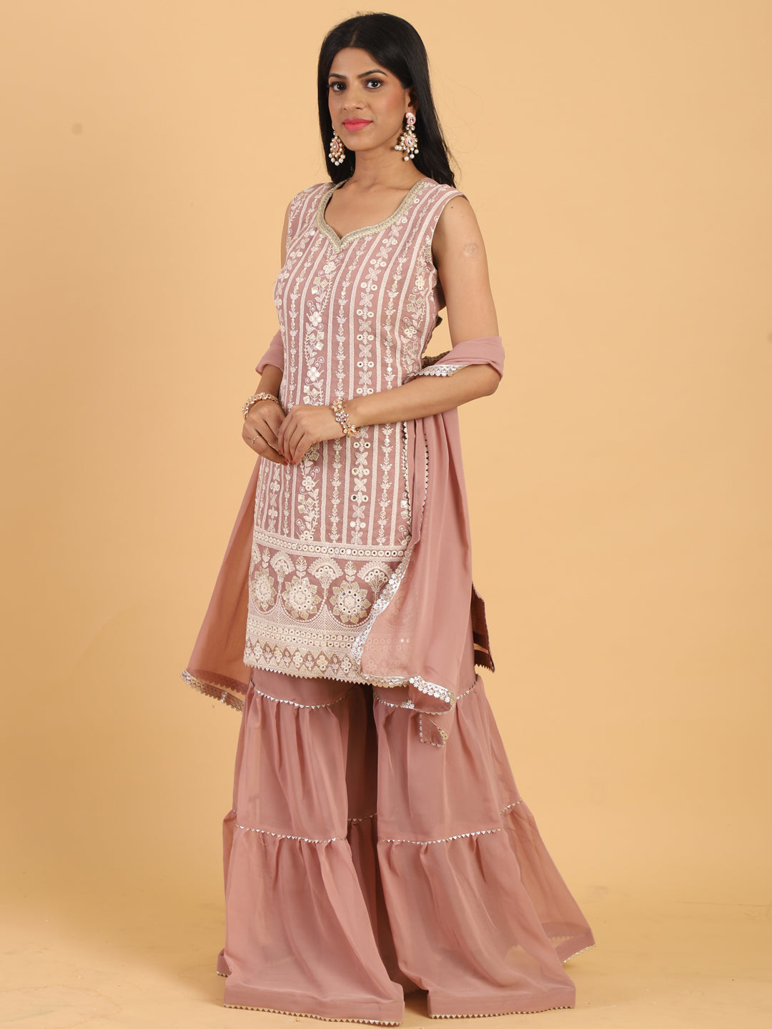 Mauve Resham & Sequins Embellished Georgette Kurta Sharara Dupatta Set