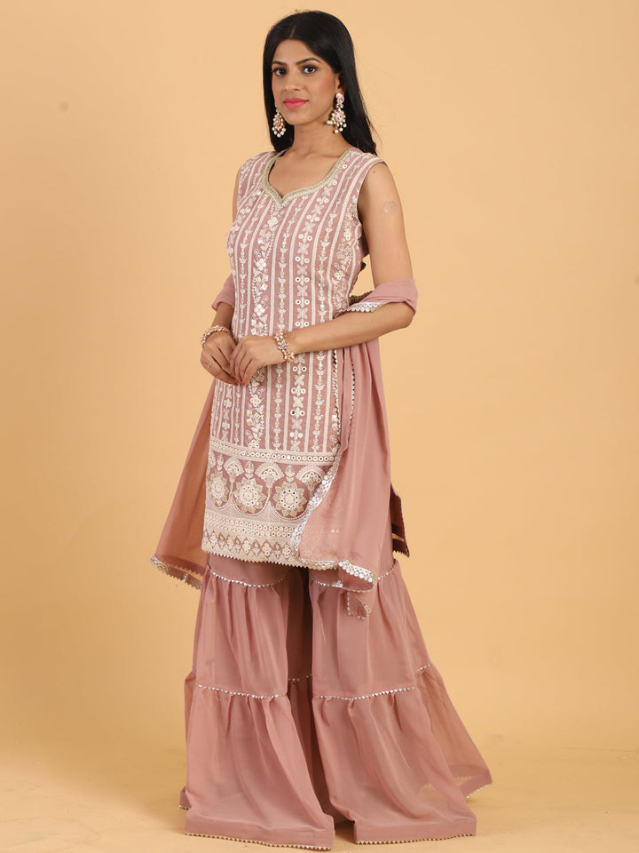 Mauve Resham & Sequins Embellished Georgette Kurta Sharara Dupatta Set