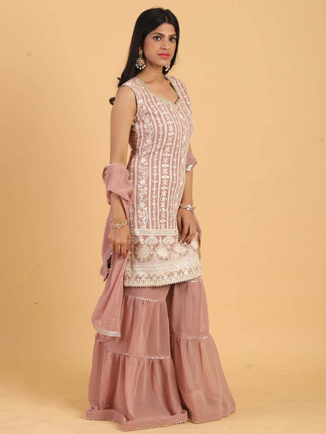 Mauve Resham & Sequins Embellished Georgette Kurta Sharara Dupatta Set