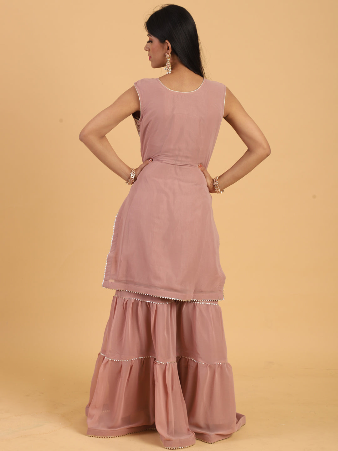 Mauve Resham & Sequins Embellished Georgette Kurta Sharara Dupatta Set