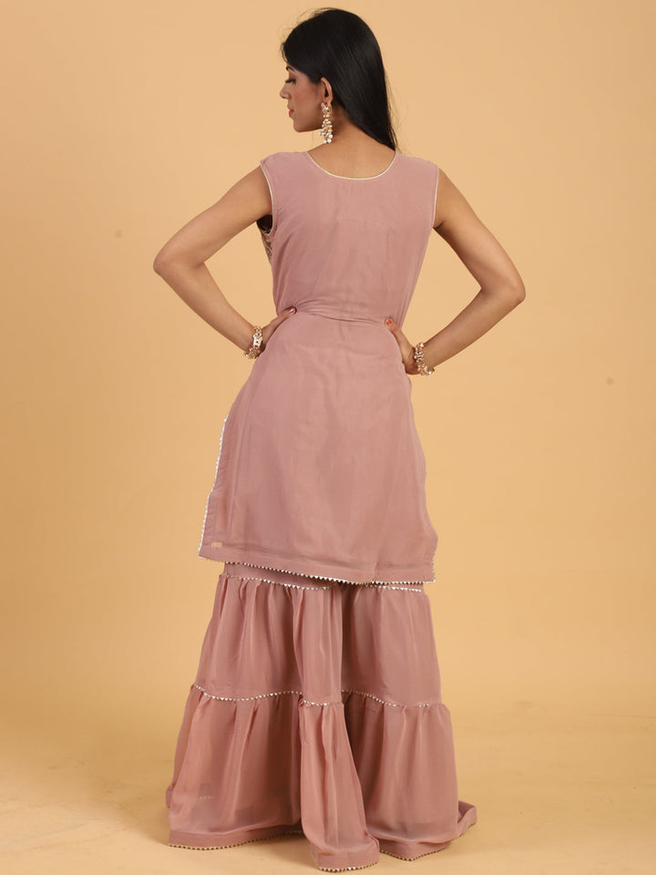 Mauve Resham & Sequins Embellished Georgette Kurta Sharara Dupatta Set