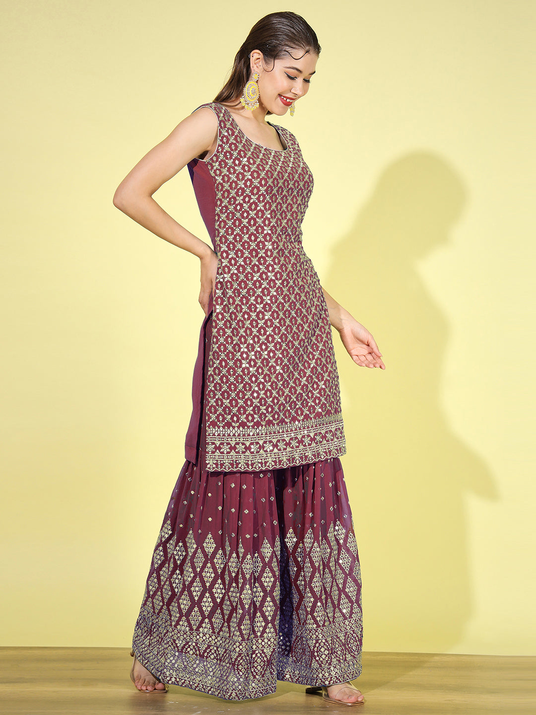 Mirror Embellished Kurta with Zari & Resham Embroidered Sharara set