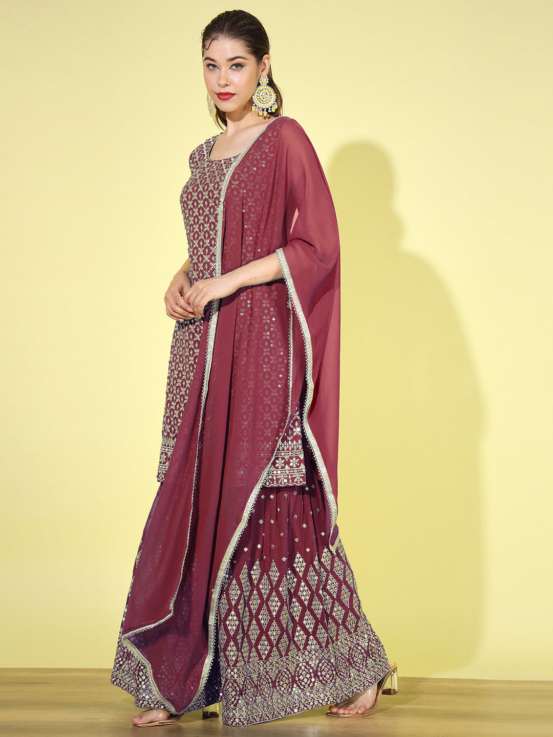 Mirror Embellished Kurta with Zari & Resham Embroidered Sharara set