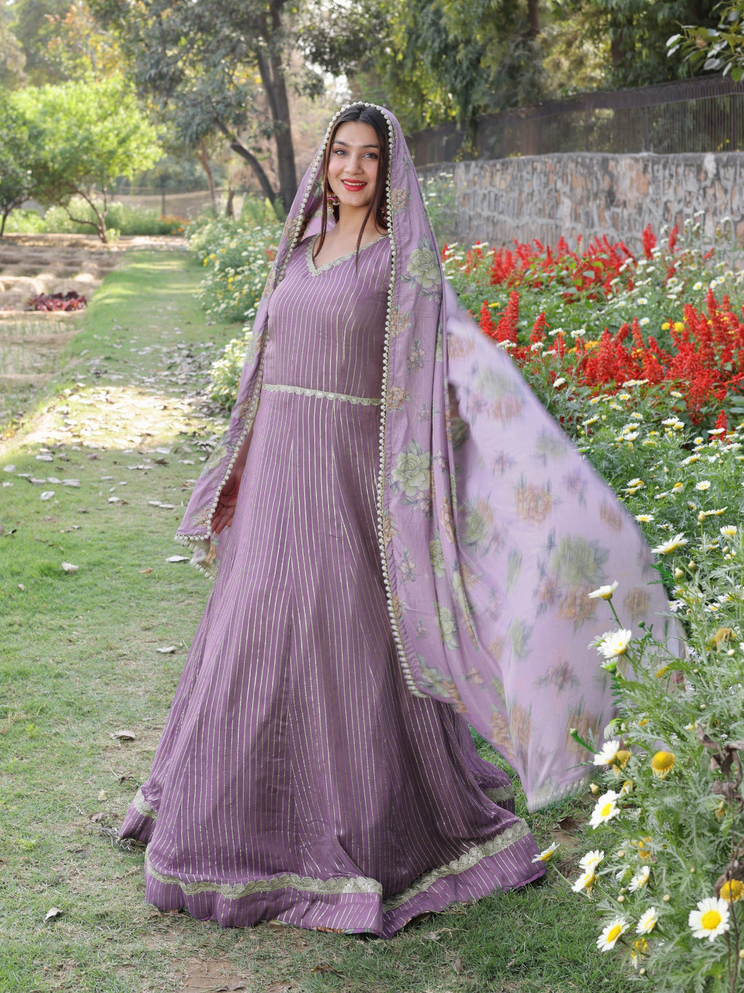 Mauve Stripes Gota Patti Embellish Flared Woven Gown & Dupatta