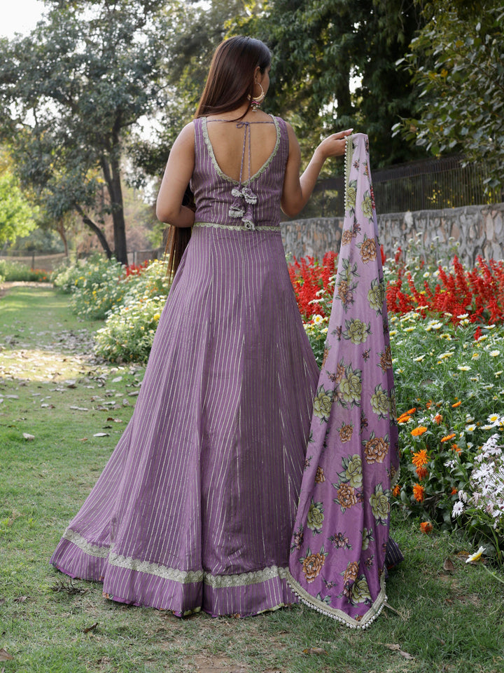 Mauve Stripes Gota Patti Embellish Flared Woven Gown & Dupatta