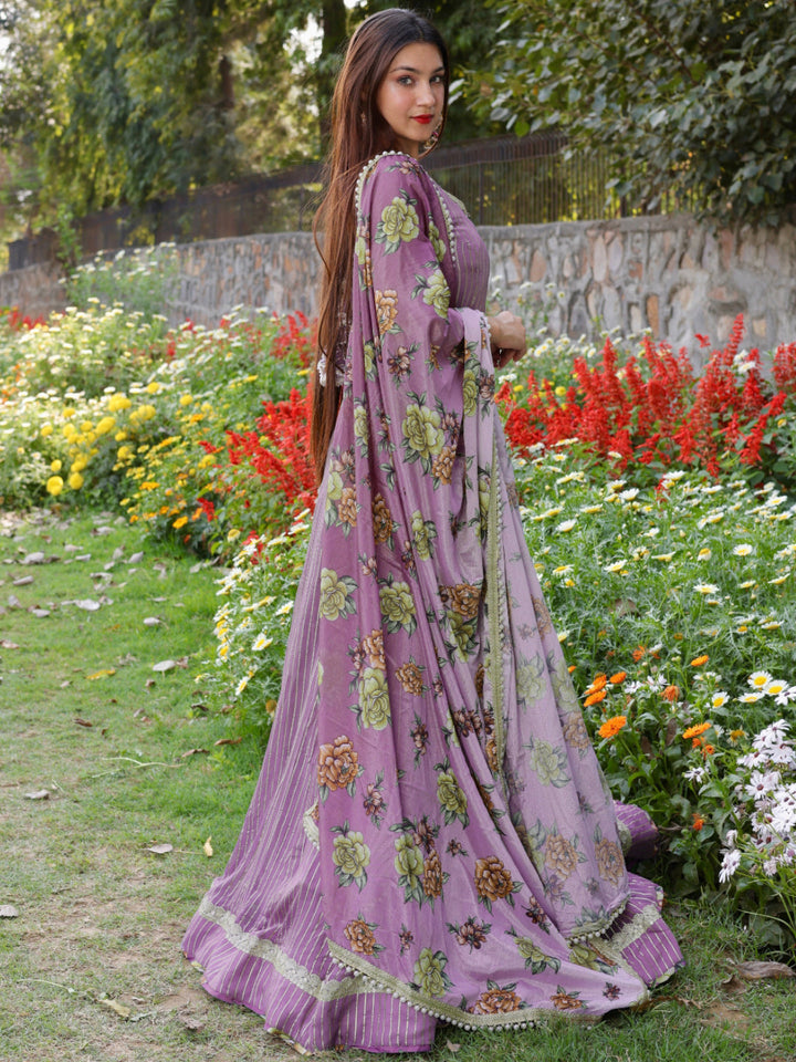 Mauve Stripes Gota Patti Embellish Flared Woven Gown & Dupatta