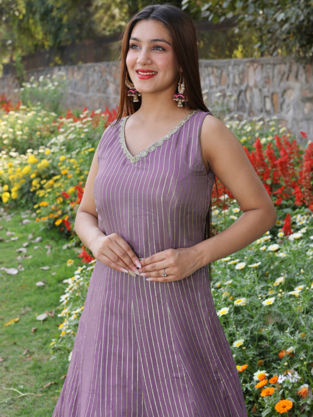 Mauve Stripes Gota Patti Embellish Flared Woven Gown & Dupatta