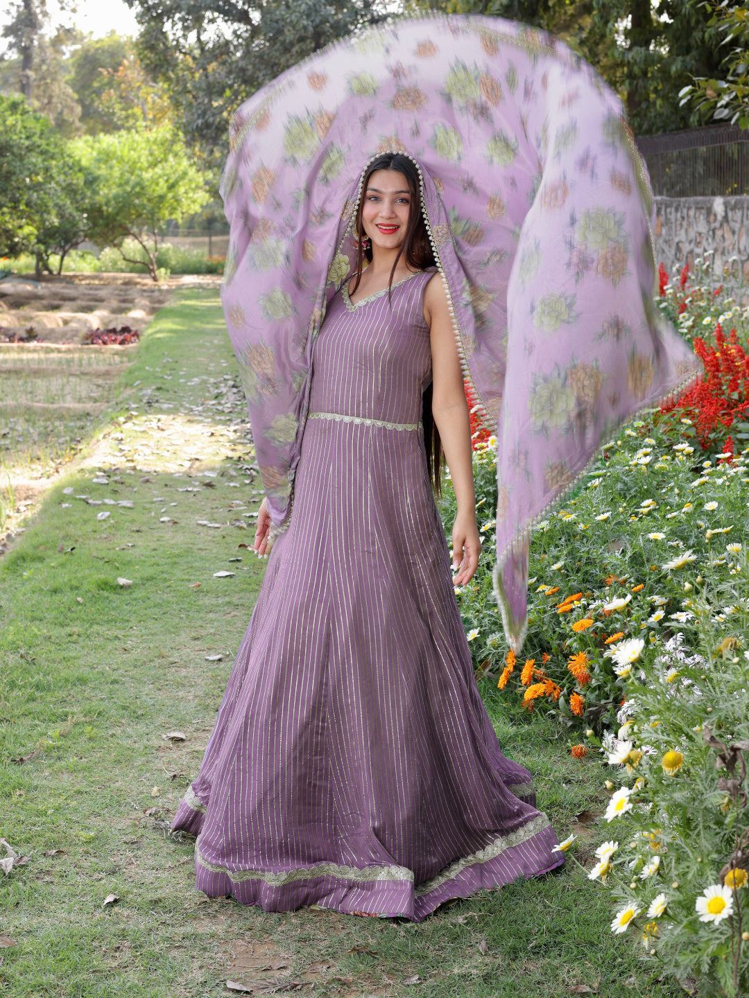 Mauve Stripes Gota Patti Embellish Flared Woven Gown & Dupatta