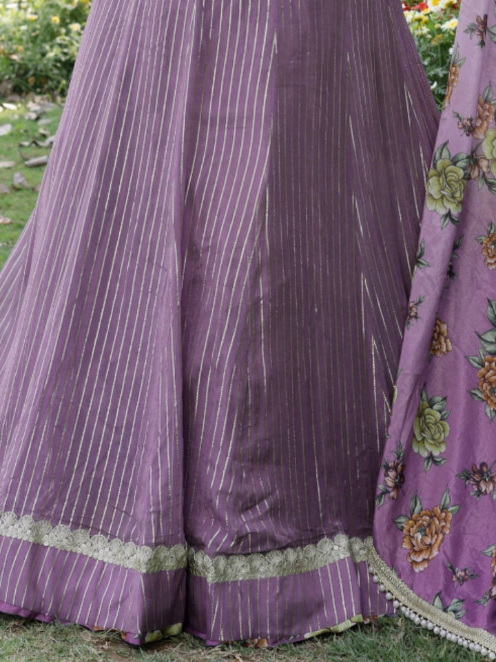 Mauve Stripes Gota Patti Embellish Flared Woven Gown & Dupatta