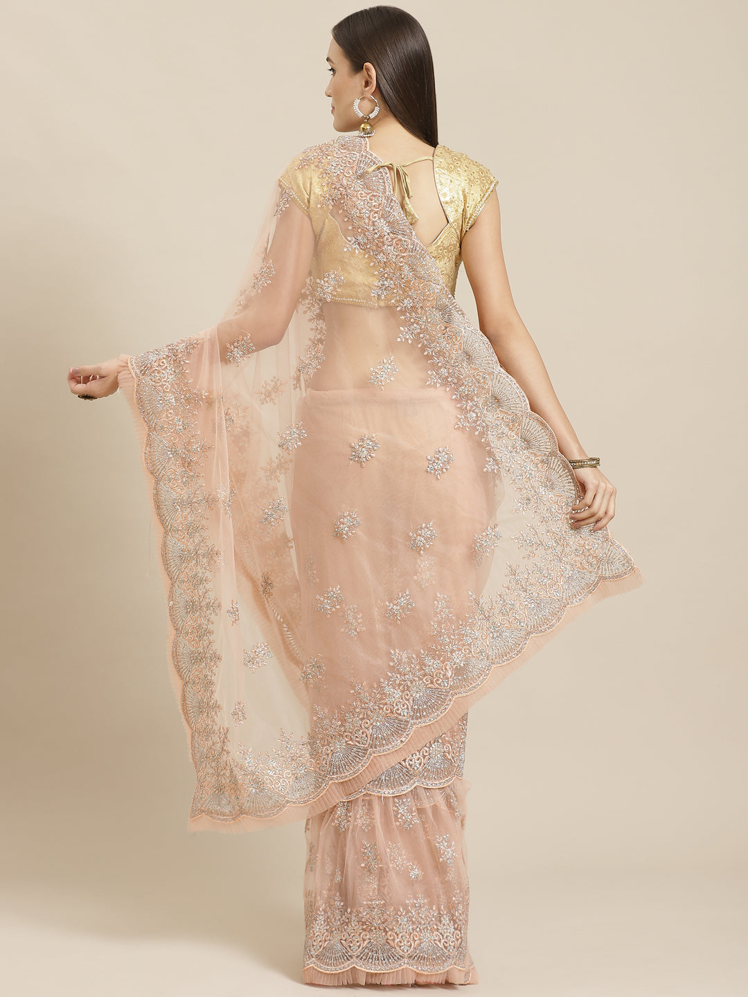 Peach Frills & Pleats Net Saree with Heavy Silver Zari & Resham Embroidery